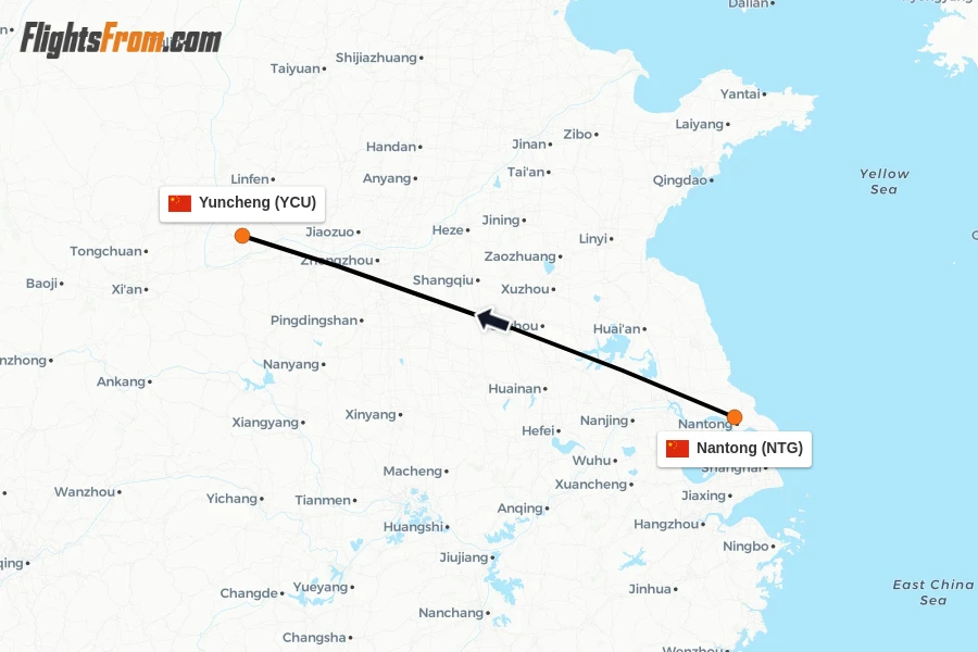Flights from Nantong to Yuncheng route map