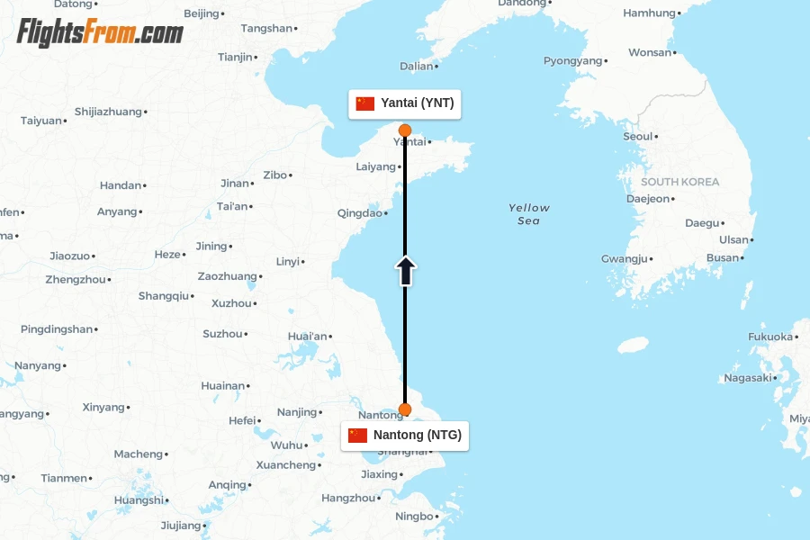 Flights from Nantong to Yantai route map