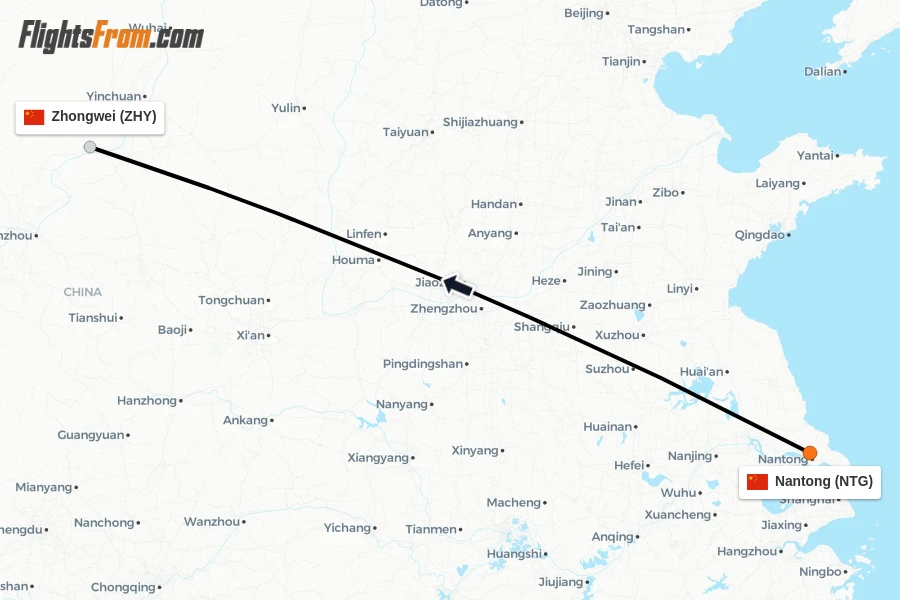Flights from Nantong to Zhongwei route map
