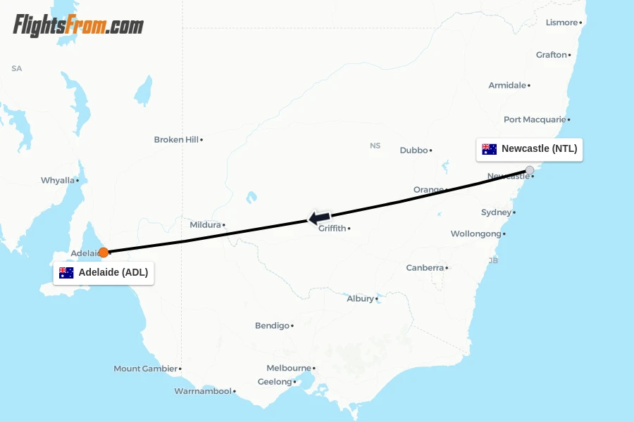 Flights from Newcastle to Adelaide route map