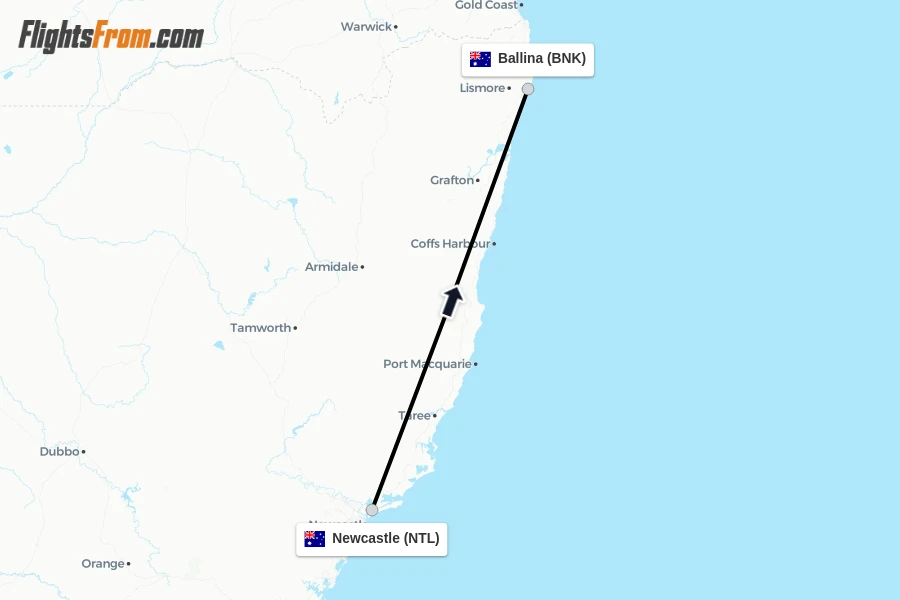 Flights from Newcastle to Ballina route map