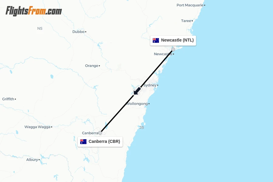 Flights from Newcastle to Canberra route map