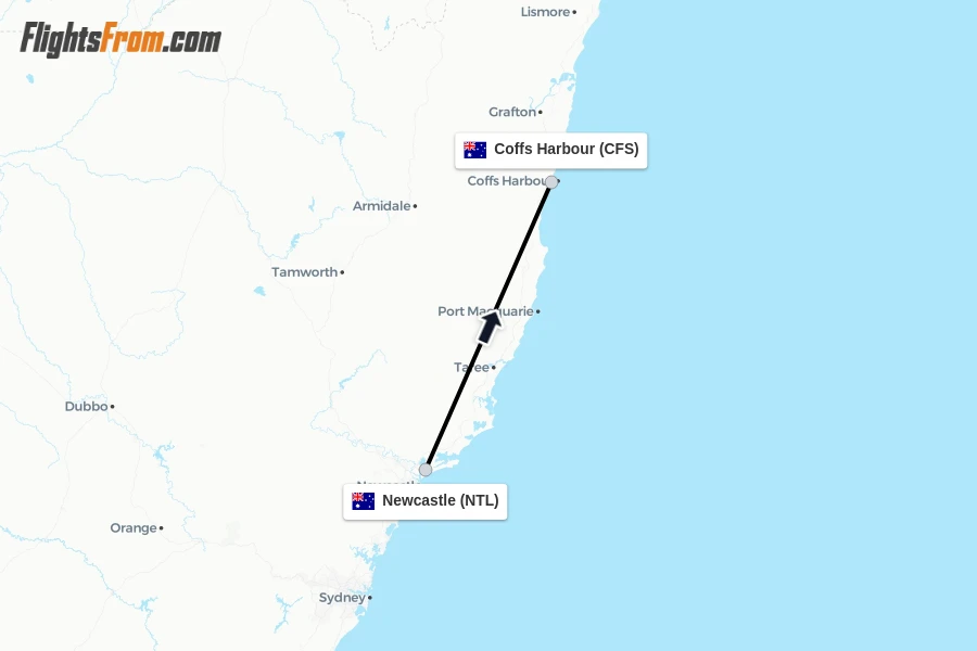 Flights from Newcastle to Coffs Harbour route map