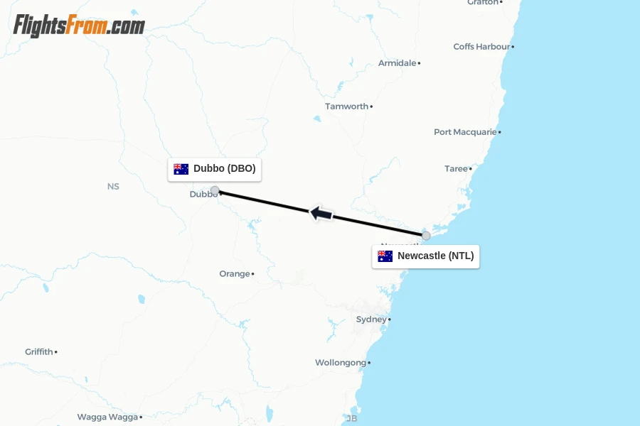 Flights from Newcastle to Dubbo route map