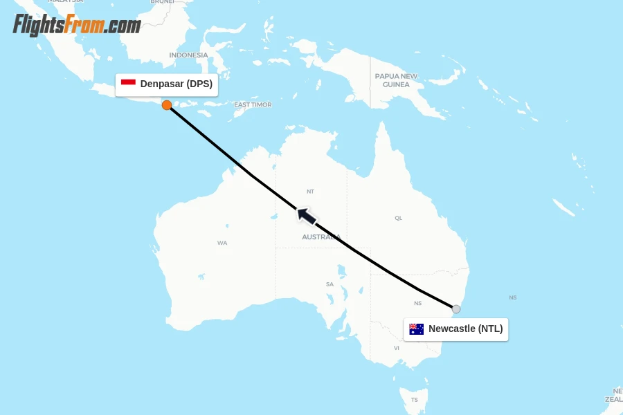 Flights from Newcastle to Denpasar route map