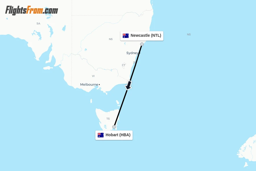 Flights from Newcastle to Hobart route map