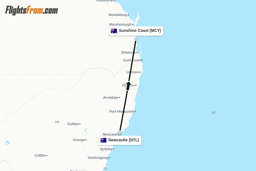 Flights from Newcastle to Sunshine Coast route map