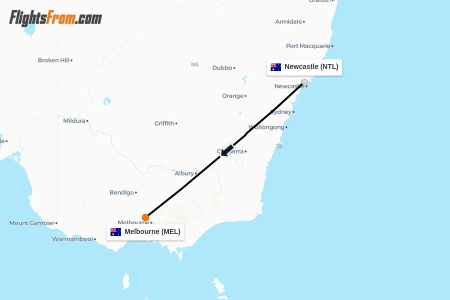 Flights from Newcastle to Melbourne route map