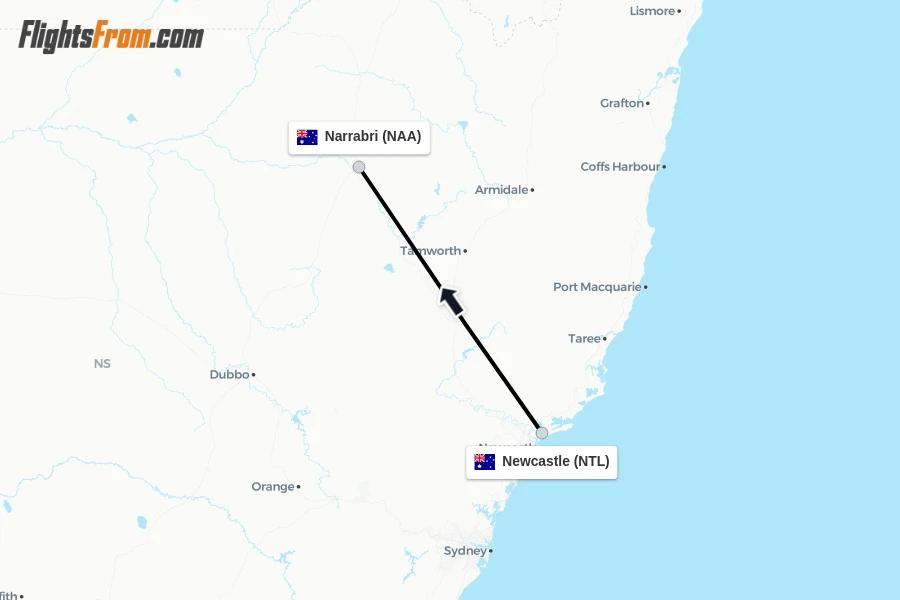 Flights from Newcastle to Narrabri route map