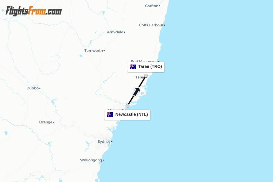 Flights from Newcastle to Taree route map