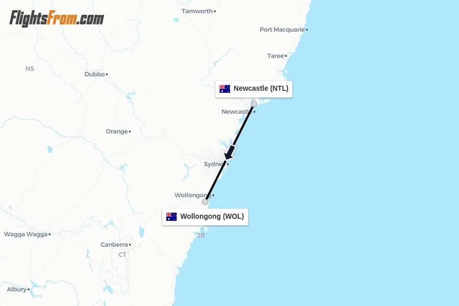 Flights from Newcastle to Wollongong route map