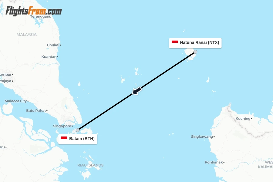 Flights from Natuna Ranai to Batam route map