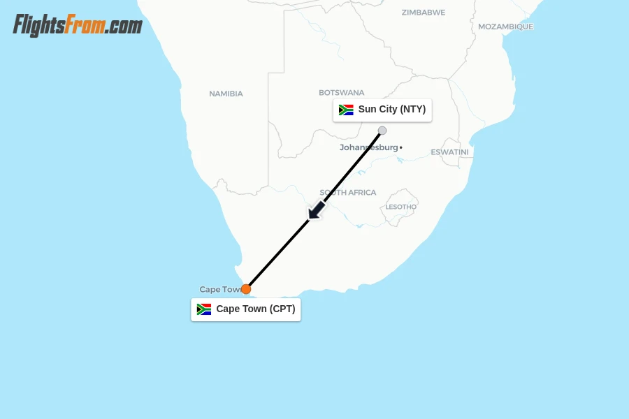 Flights from Sun City to Cape Town route map