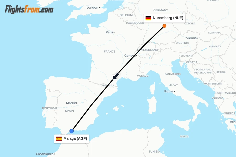 Flights from Nuremberg to Malaga route map