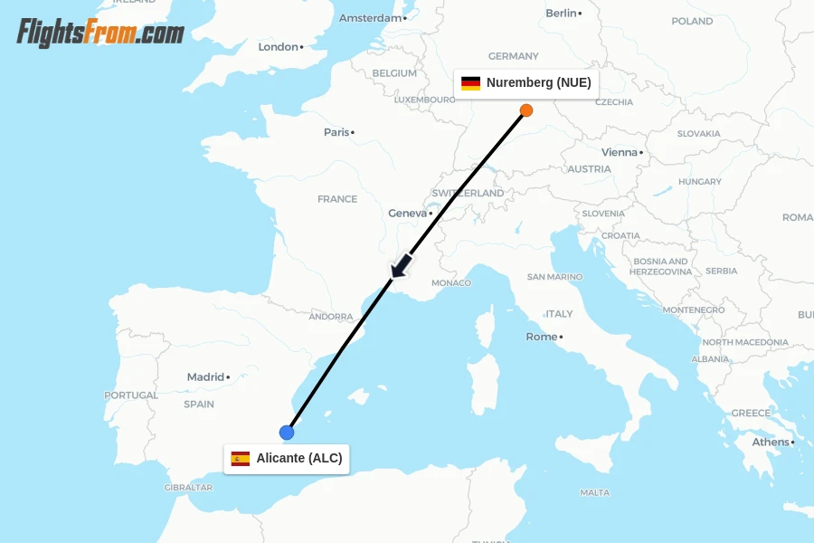 Flights from Nuremberg to Alicante route map