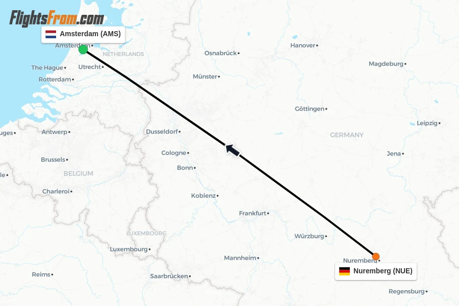 Flights from Nuremberg to Amsterdam route map