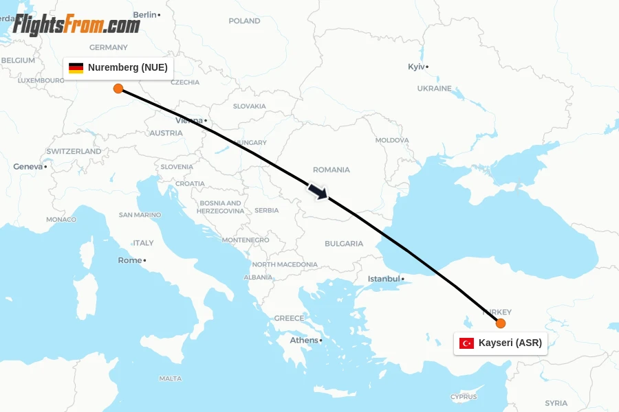 Flights from Nuremberg to Kayseri route map