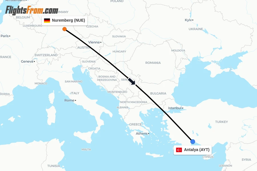 Flights from Nuremberg to Antalya route map