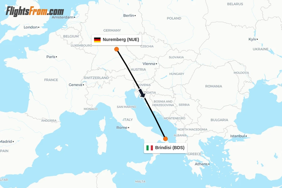 Flights from Nuremberg to Brindisi route map