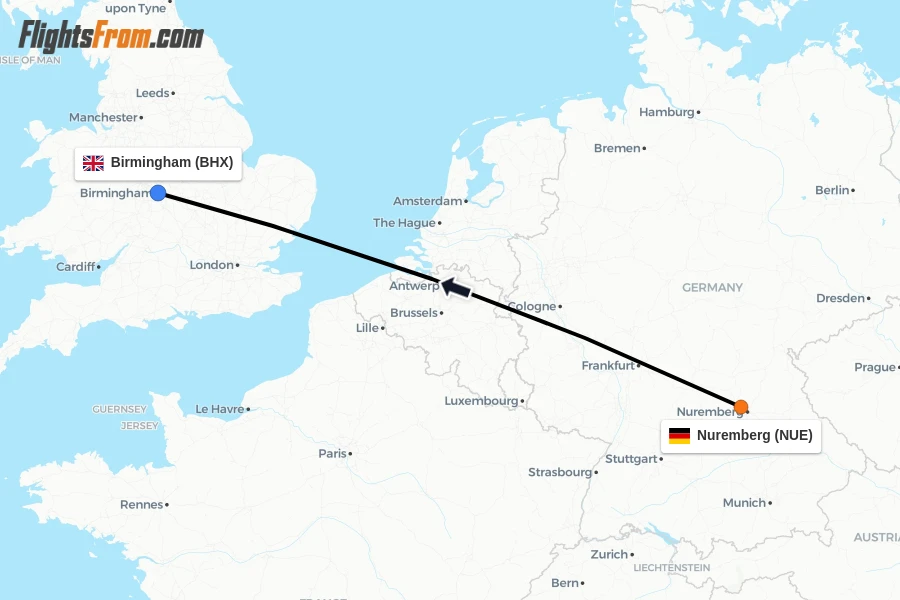 Flights from Nuremberg to Birmingham route map