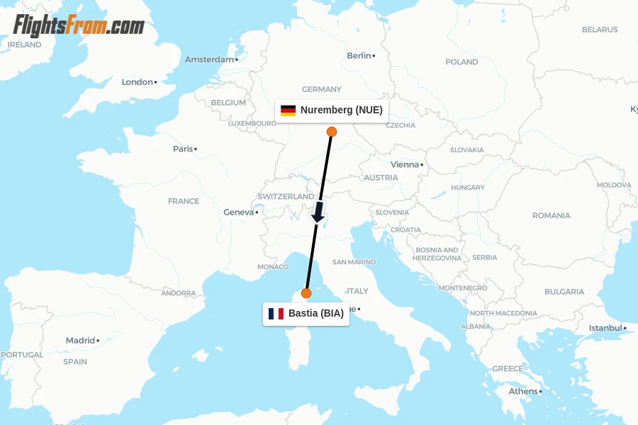 Flights from Nuremberg to Bastia route map