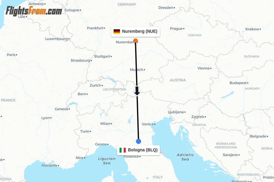 Flights from Nuremberg to Bologna route map