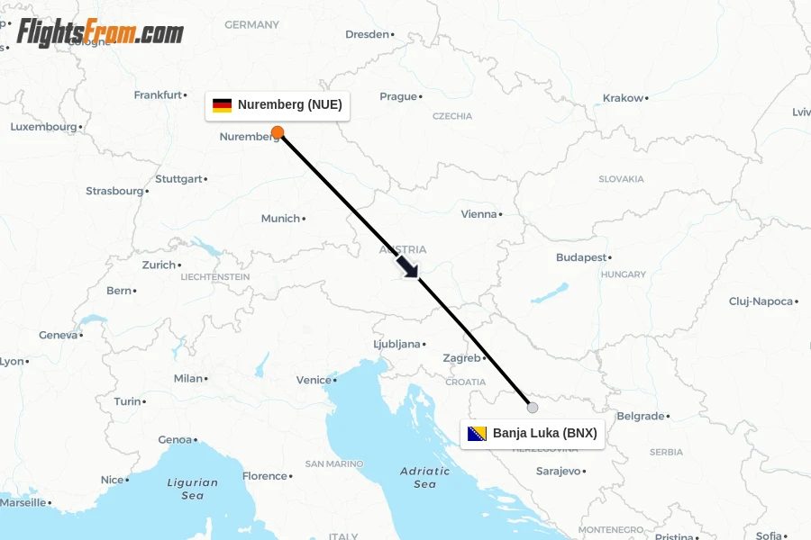 Flights from Nuremberg to Banja Luka route map