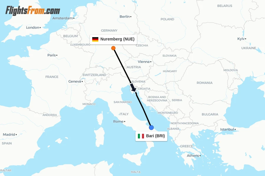 Flights from Nuremberg to Bari route map