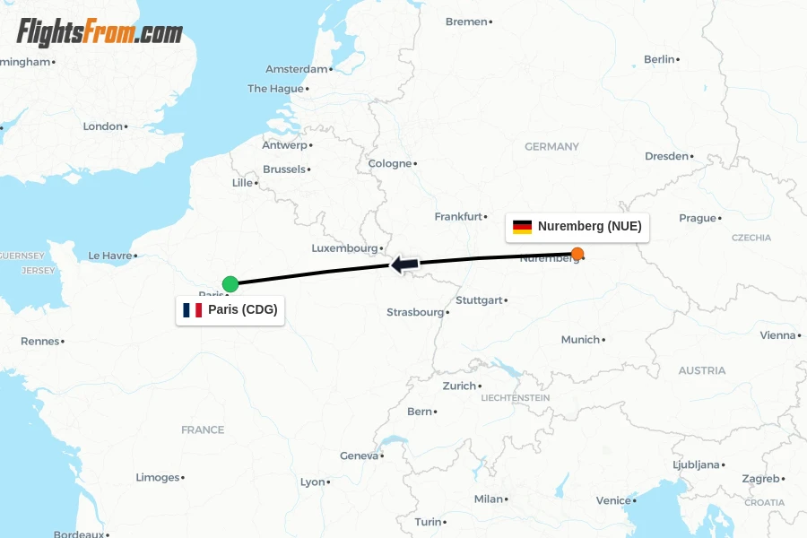 Flights from Nuremberg to Paris route map