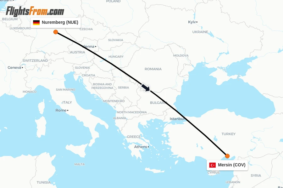 Flights from Nuremberg to Mersin route map