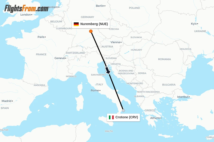 Flights from Nuremberg to Crotone route map