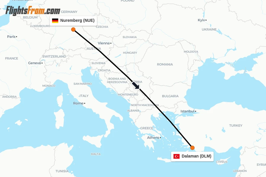 Flights from Nuremberg to Dalaman route map