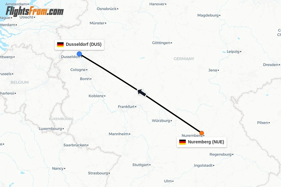 Flights from Nuremberg to Dusseldorf route map