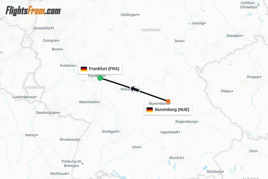 Flights from Nuremberg to Frankfurt route map