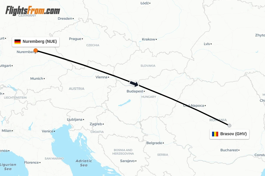 Flights from Nuremberg to Brasov route map