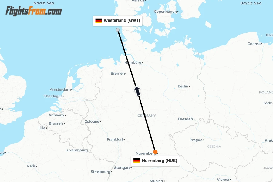 Flights from Nuremberg to Westerland route map