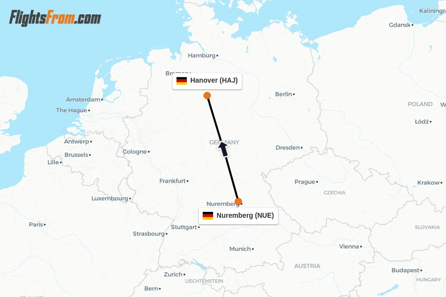 Flights from Nuremberg to Hanover route map