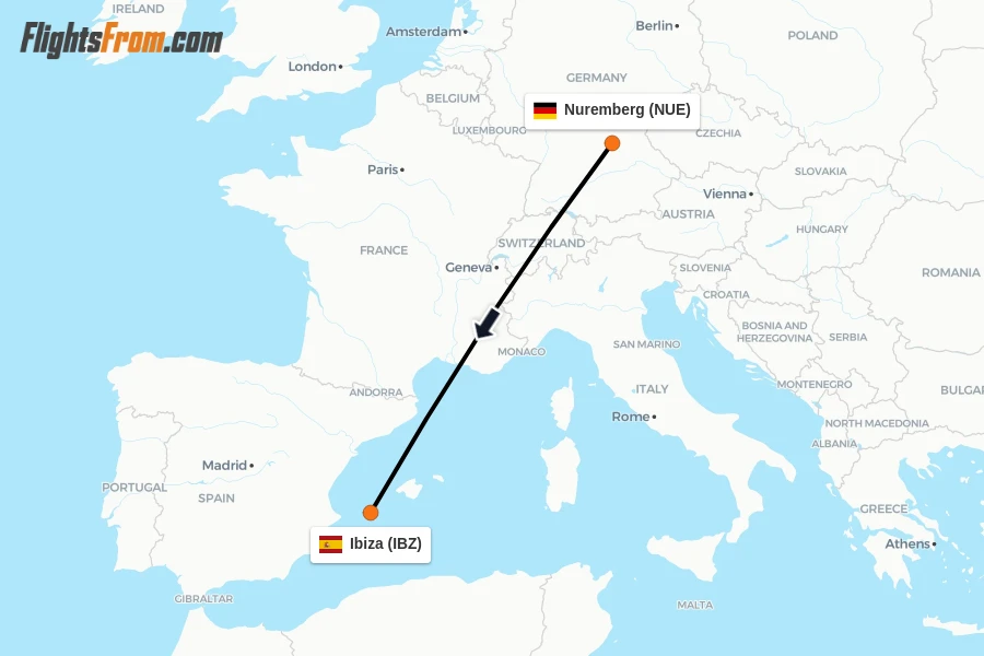 Flights from Nuremberg to Ibiza route map