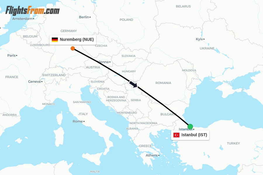 Flights from Nuremberg to Istanbul route map