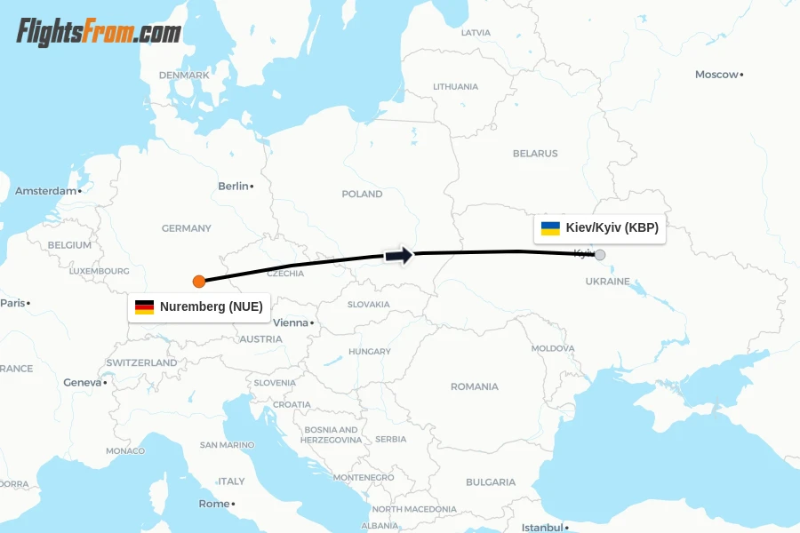 Flights from Nuremberg to Kiev/Kyiv route map