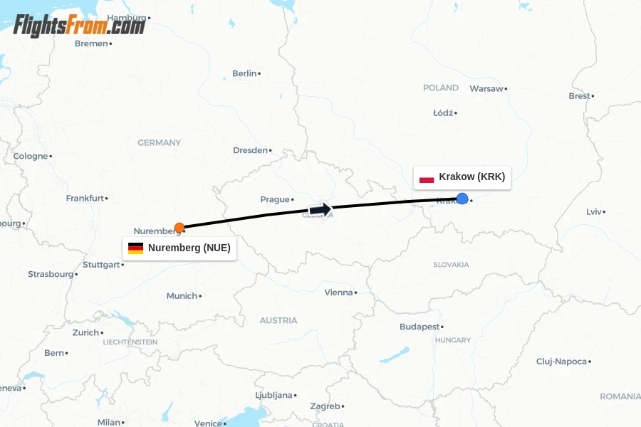 Flights from Nuremberg to Krakow route map