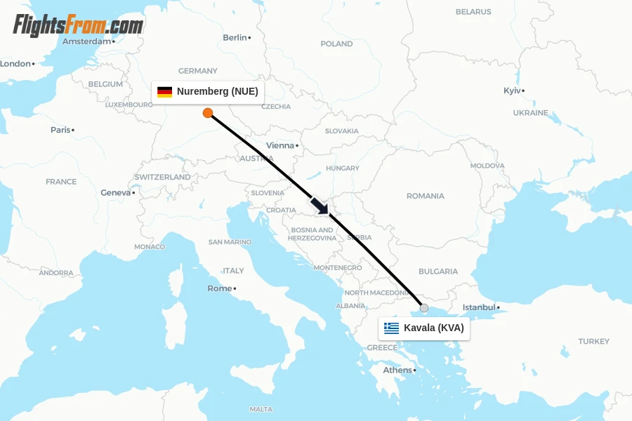Flights from Nuremberg to Kavala route map