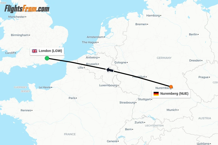 Flights from Nuremberg to London route map