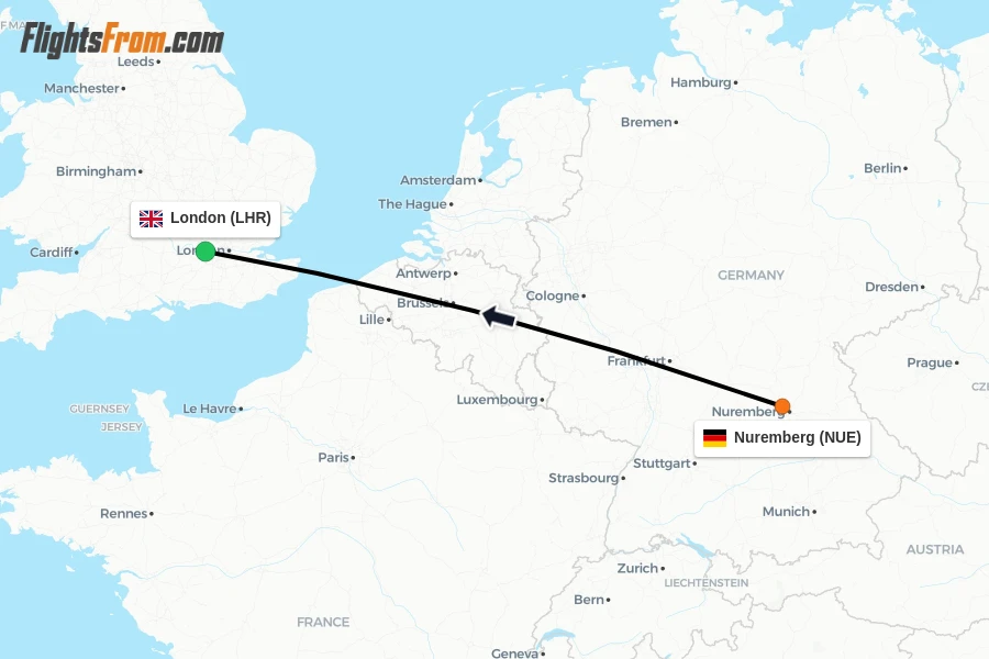 Flights from Nuremberg to London route map