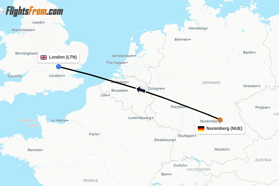 Flights from Nuremberg to London route map