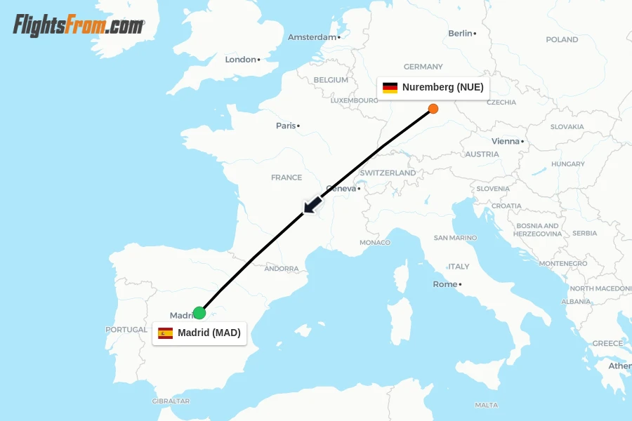 Flights from Nuremberg to Madrid route map