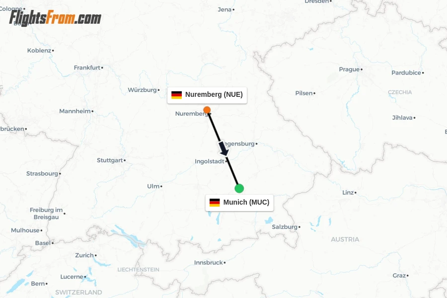 Flights from Nuremberg to Munich route map