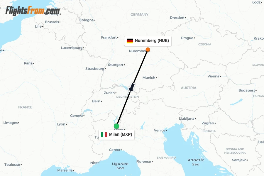 Flights from Nuremberg to Milan route map