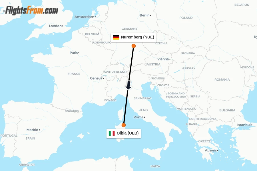 Flights from Nuremberg to Olbia route map