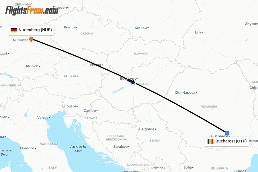 Flights from Nuremberg to Bucharest route map